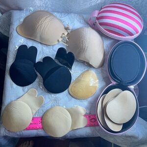 Sticky Bra Lot 13pc in all 2 Pink Stripped Clam Shell Zip Cases Storage Bras